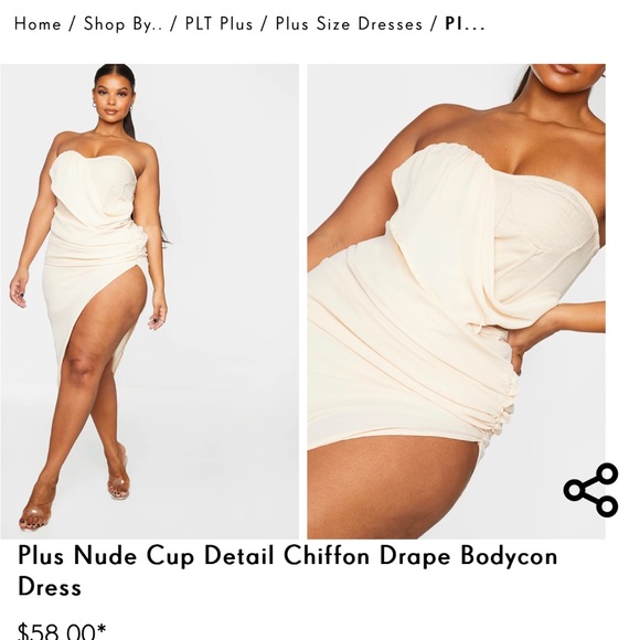 plus nude cup detail chiffon drape bodycon dress NEW PrettyLittleThing Plus Nude Cup Chiffon Drape Bodycon Dress Womens 16  Beige